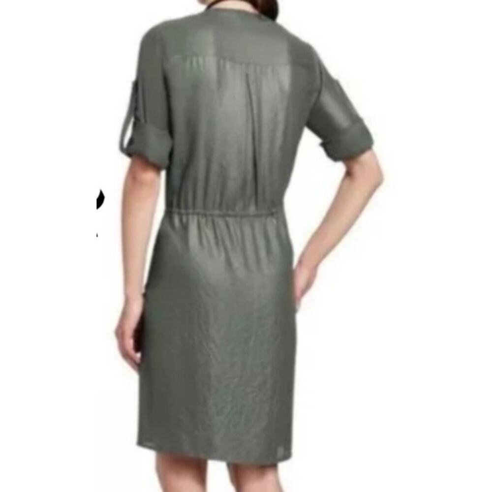 BCBGMAXAZRIA bcbg olive green lightweight semi sheer Olina button front dress - Picture 3 of 11